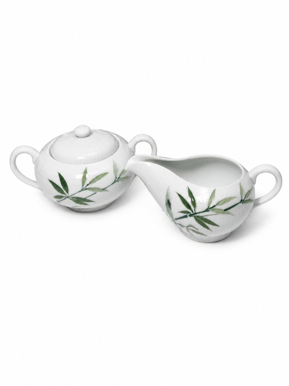 Vintage Hand Painted Bamboo China Japan Sugar Bowl & Creamer Set MCM Japandi